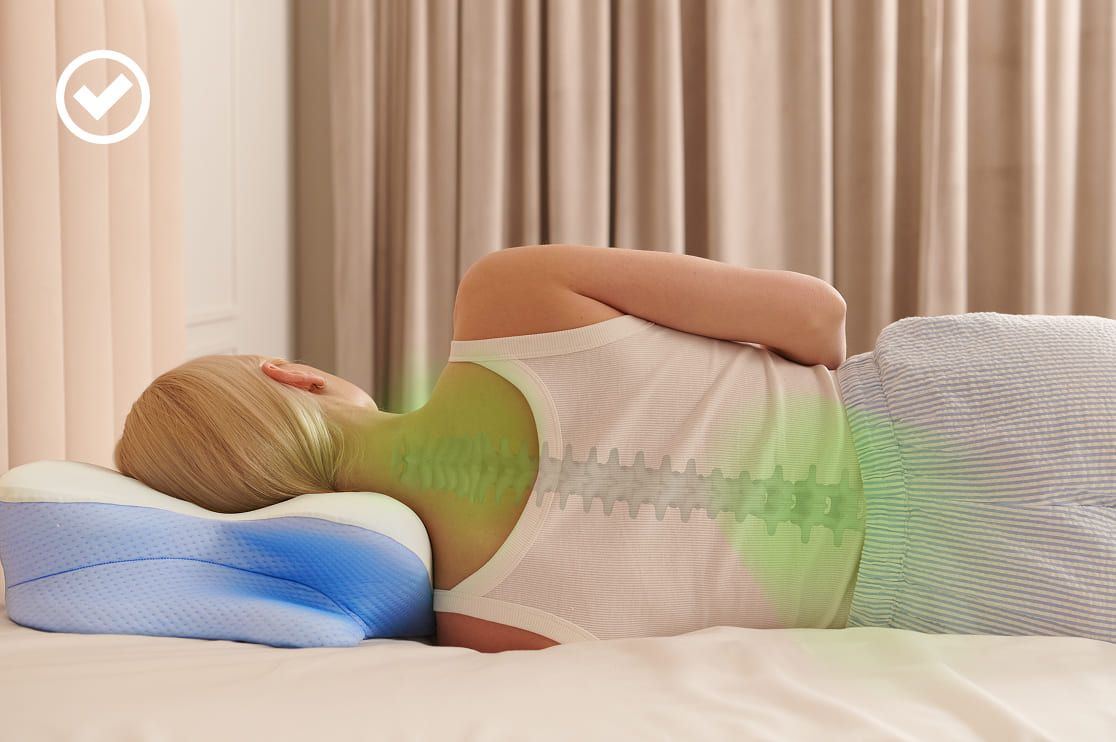 Person sleeping comfortably on Derila Ergo pillow showing proper neck alignment